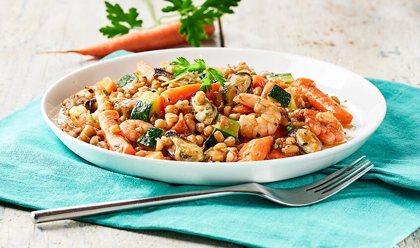Piatti veloci pronti in un attimo - Farro con Mazzancolle Tropicali e Cozze